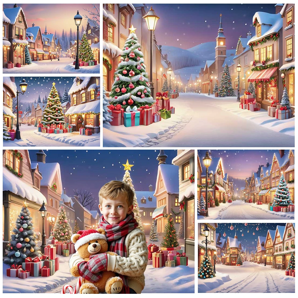 

MOON.QG Christmas Tree Background Gifts Town Street Backdrops For Photography Photobooth Decoration Party Supplies Kids Portrait
