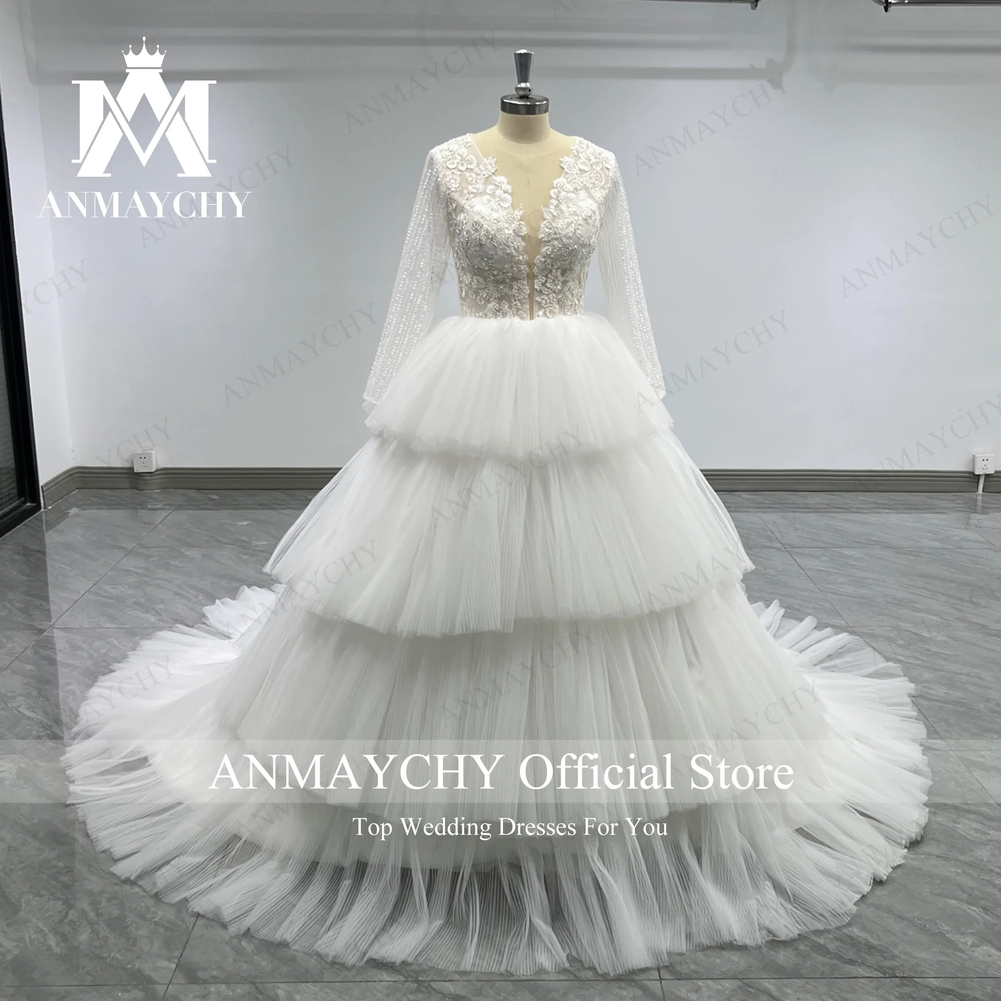 ANMAYCHY Ball Gown Long Sleeve Wedding Dresses For Women 2023 V-neck Appliques Beading Romantic Wedding Gown Vestidos De Novia