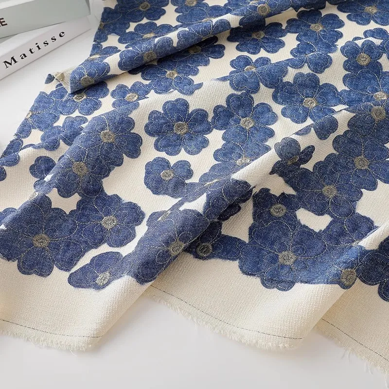 

1yard High quality lImitation hemp material 3D flower embroidery fabric Coat,skirt,pants,suit DIY telas fabric for clothing