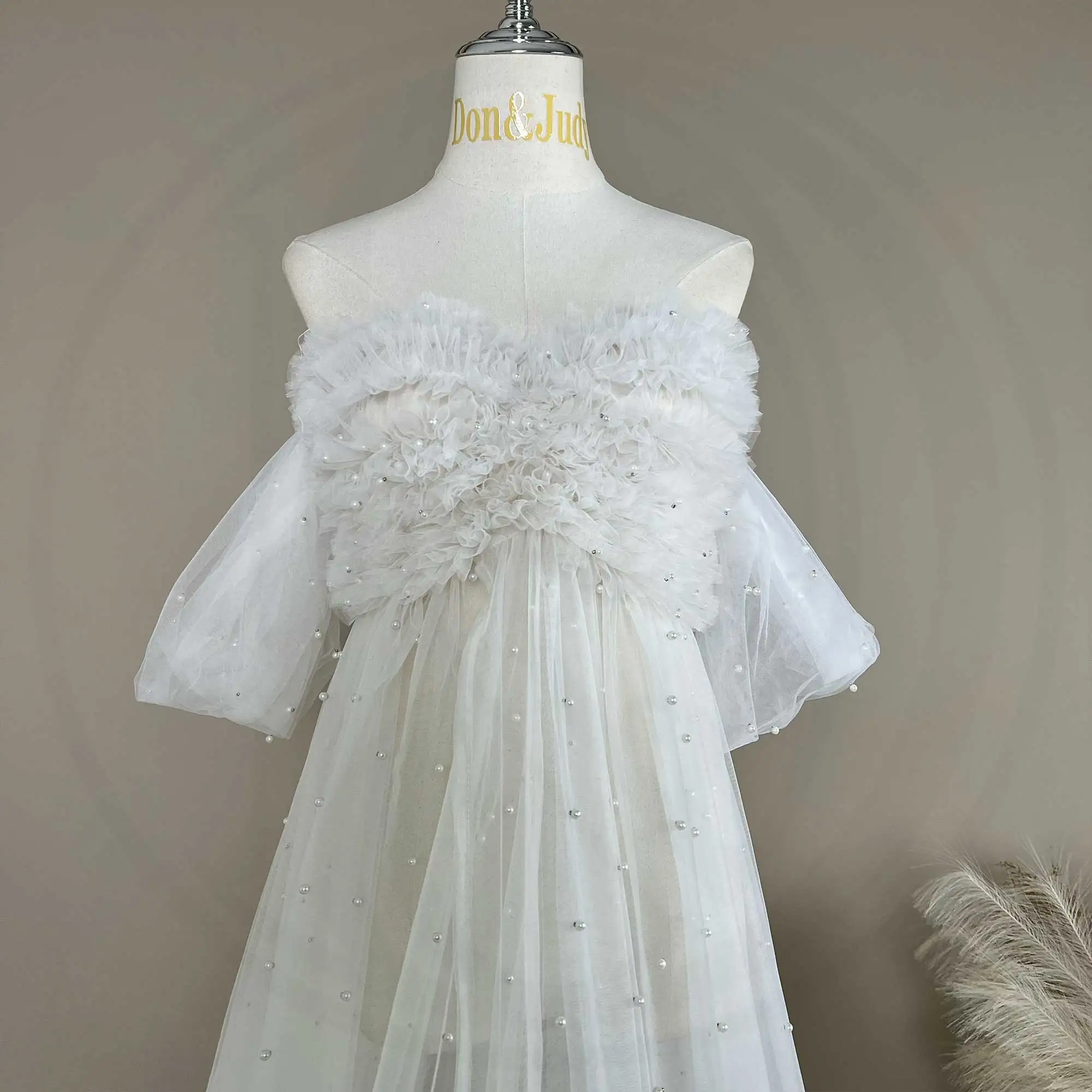 

White Tulle Beaded Strapless Dress Women's Maternity Party Wedding Ball Gown Photography Photo Shoot Outfit Elegant Formal Wear