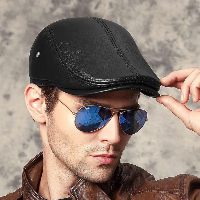 Men\'s outdoor leather hat winter Berets male warm Ear protection cap 100% genuine leather dad hat wholesale Leisure bone