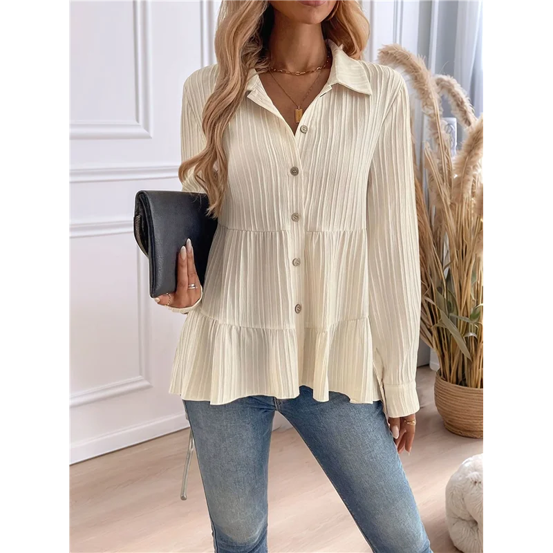 ABP-Blusa peplum con botones para mujer, camisas holgadas con cuello de manga larga, Top texturizado