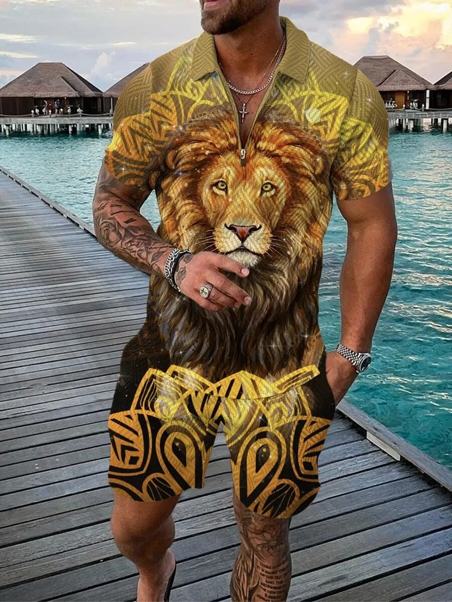 

Мужской спортивный костюм с 3D принтом льва и тигра, летняя трендовая рубашка поло на молнии + шорты, комплекты из 2 предметов, модная повседневная уличная одежда