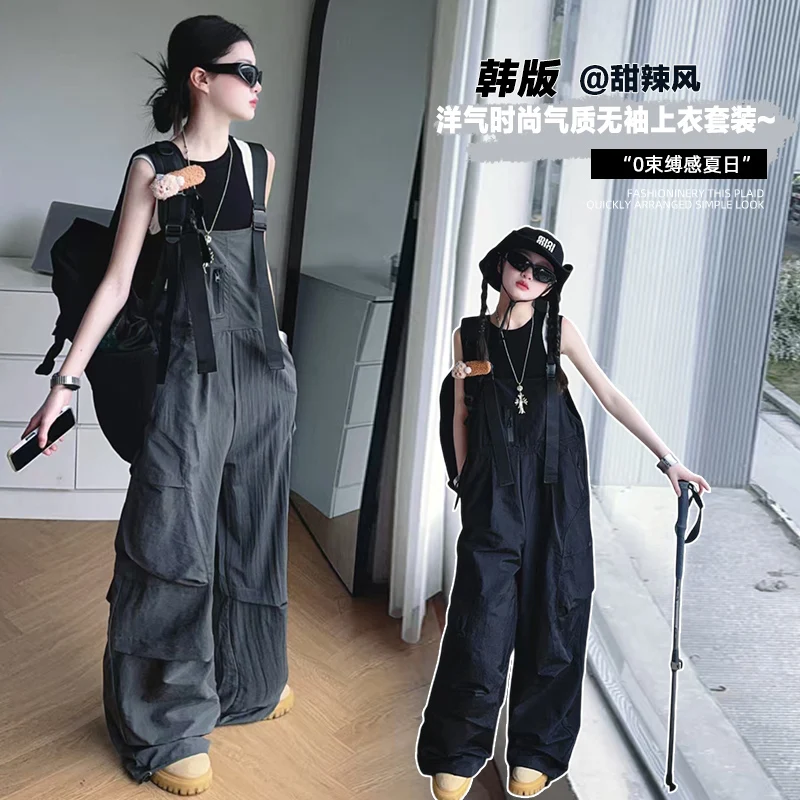 

Girls Clothes Set Size 6-14Y Spring Summer Girls Sporty Black Vest+Black/ Green Jumpsuit Clothes 2 Pc Child Hiking Loose Outfit