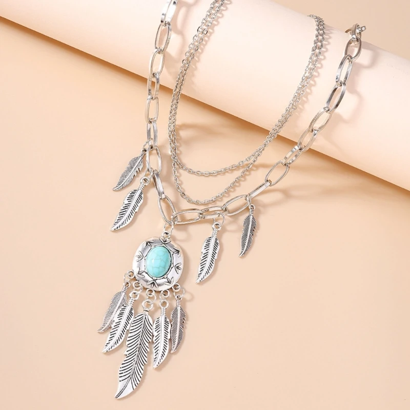 Pack of 2 Fashion Necklaces with Turquoise Stones Vintage Finish Ethnic Statement Clavicle Chain