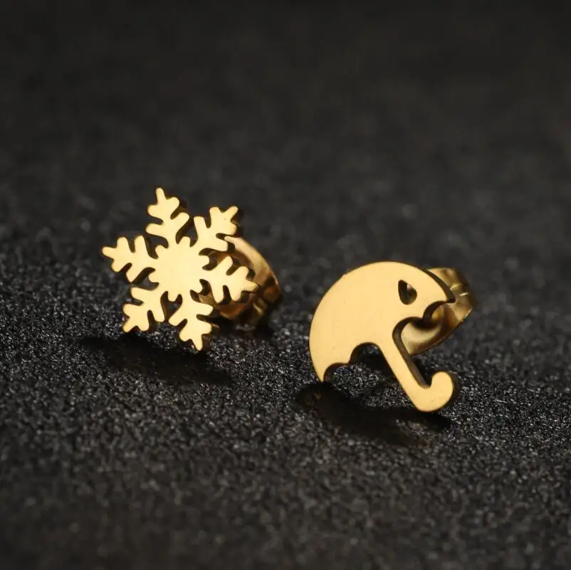 Shuangshuo Stainless Steel Small Earrings Christmas Asymmetry Female Jewelry Fashion Snowflake Umbrella Earing Studs Gift