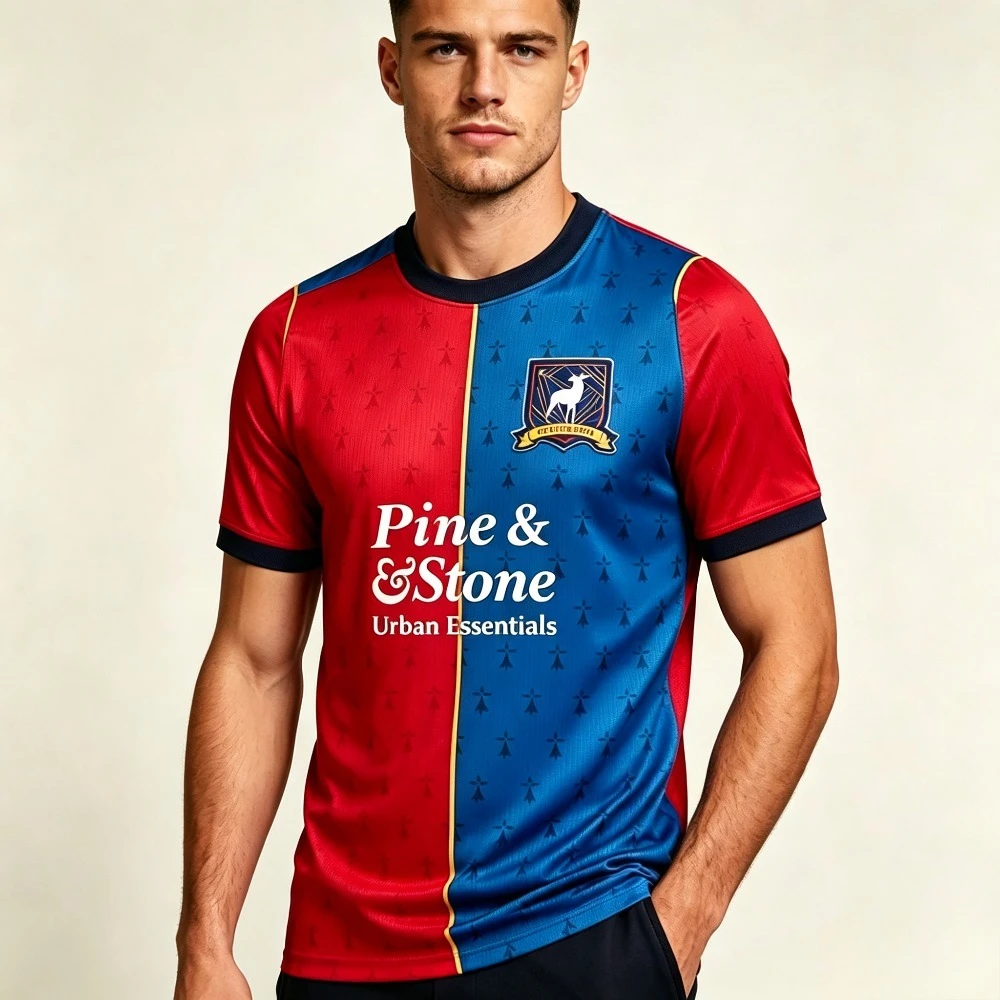 Dual‑Tone Split Badge Pattern Men T‑Shirt, Athletic Soccer Jersey Style, Quick‑Dry Breathable Short Sleeve Outdoor Sports Tops