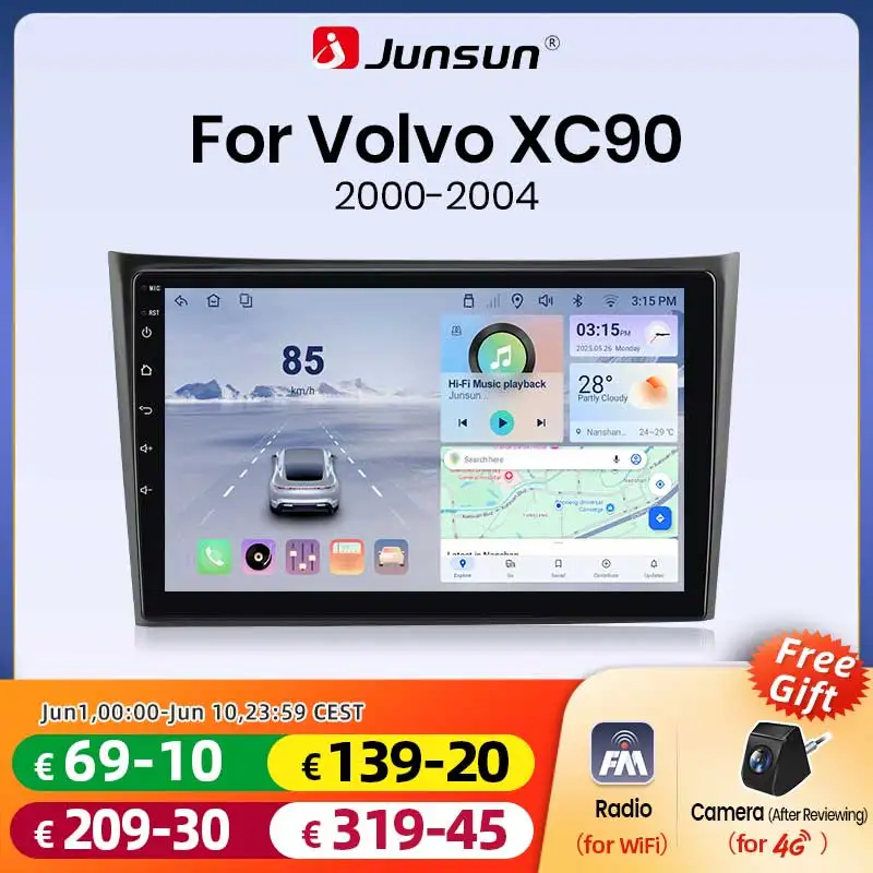 Autoradio Junsun sans fil CarPlay Android Auto pour Volvo XC90 2004-2014, GPS DSP SWC RDS FM BT 4G WiFi, lecteur multimédia, unité principale Android, système intelligent de navigation, mise à niveau