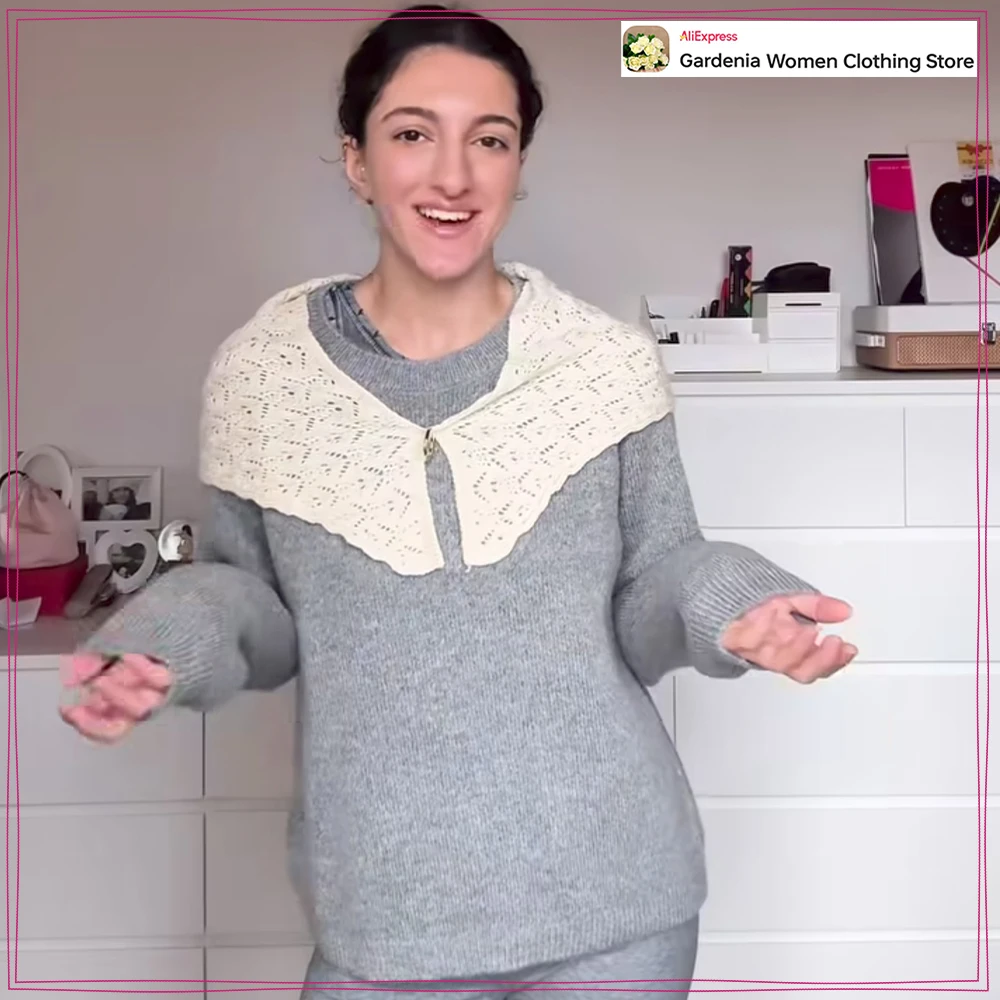 Gorgeous Combination Scarf Knit Jumpers for Women New in Autumn O-Neck and Long Sleeves Gray Sweater with Golden Ring Tied Carf