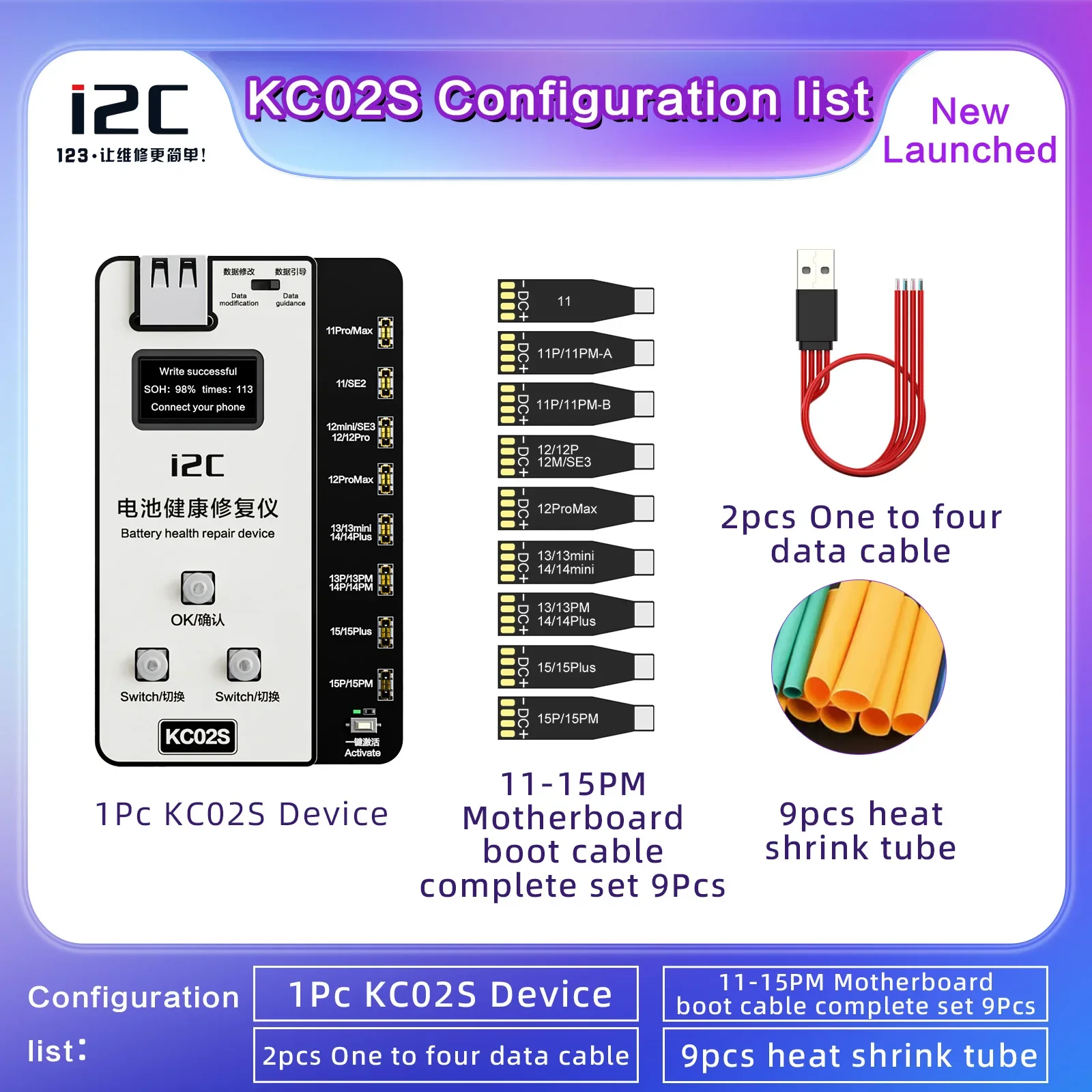 

I2C KC02S Battery Health Repair Device for IPhone 11-15PM Battery Free External Cable Change Efficiency 100% Repair Tools