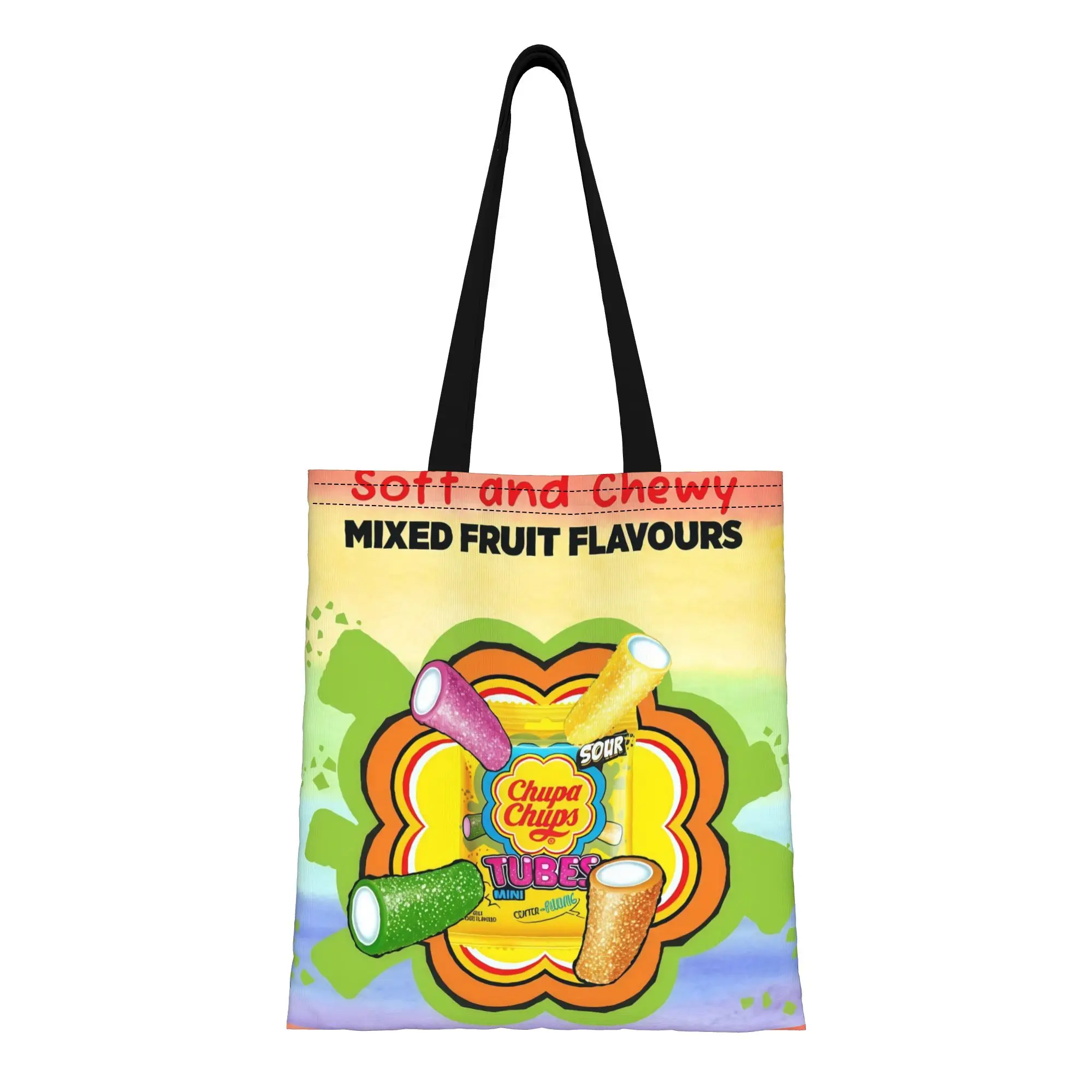 

Сумка-тоут C-ChupaChups Sour Tubes с разными фруктовыми вкусами, женская, из холщовой ткани, для покупок, путешествий, активного отдыха, прочная, на плечо, ручная сумка