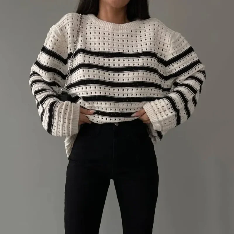 

Striped Sweater Women Autumn Winter Simple Pullover O-neck Colorblock Knit Elastic Jumper Casual Thick Warm Y2k Jacquard Jumpers