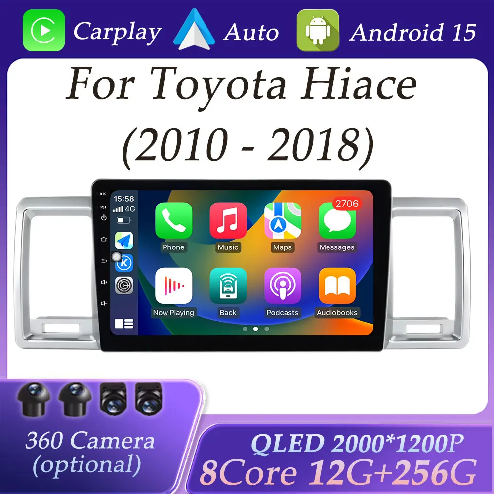 Radio samochodowe z bezprzewodowym CarPlay do Toyota Hiace 2010 - 2018, odtwarzacz multimedialny wideo i audio, nawigacja GPS, DSP Stereo, ekran QLED, WIFI
