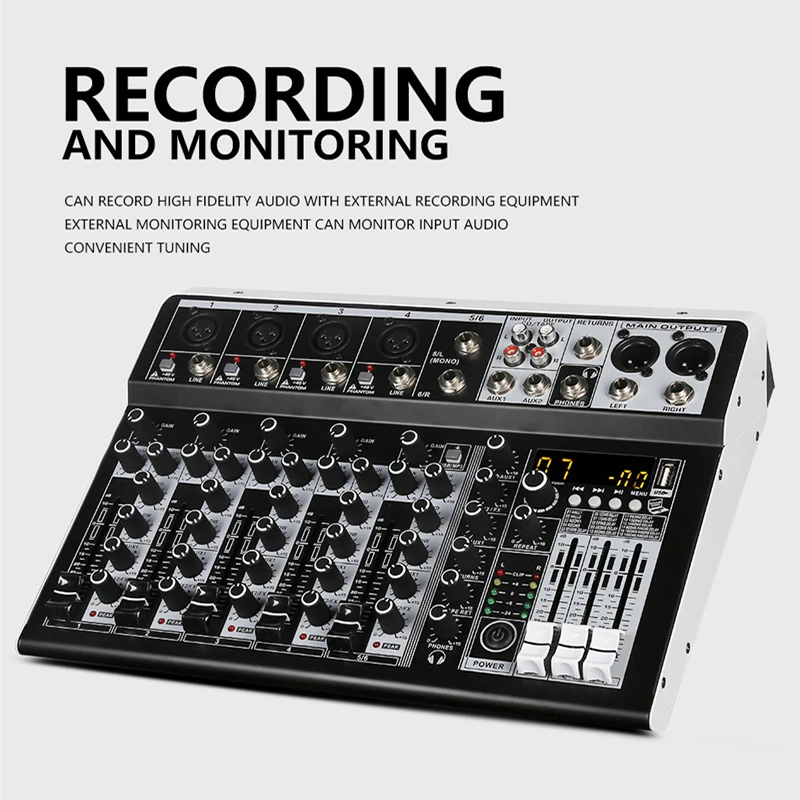 Professional 4 6 8 Channel Bluetooth Audio Mixer Sound Mixing Console Audio Interface USB Sound Card for Computer Home Karaoke