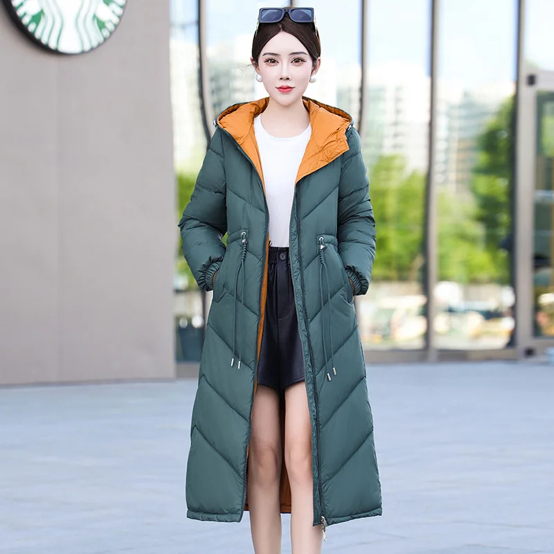 

Double-sided Wear Down Cotton-padded Jacket Winter Women's Long Parkas Hooded Coat Female Drawstring Slim Thicken Warm Outerwear