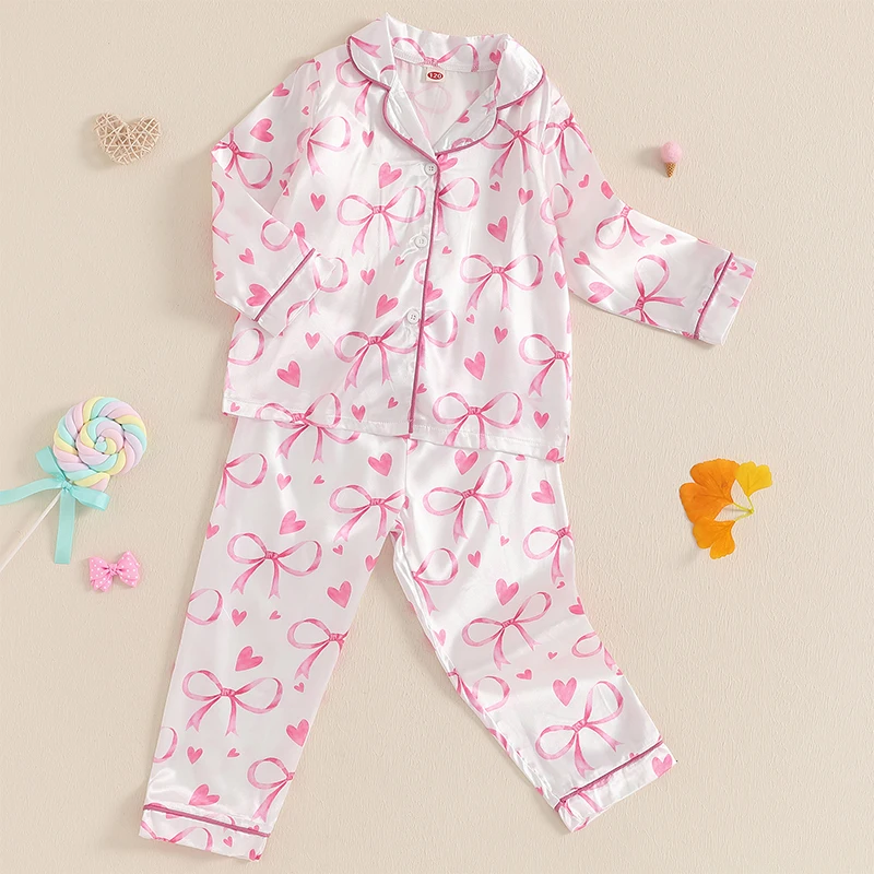 3–7 Jahre Kinder-Mädchen-Pyjama-Set, süßer Herz-Schleifen-Aufdruck, langärmliges Hemd und elastische Hose, 2-teilig, für Loungewear-Nachtwäsche