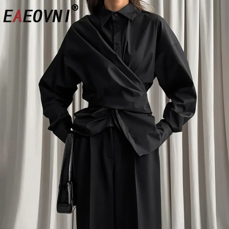 

EAEOVNI Irregular Folds Gathered Waist Blouse For Women Fashion Lapel Button Long Sleeve Shirt Fashion 2025 New Clothing 1A533