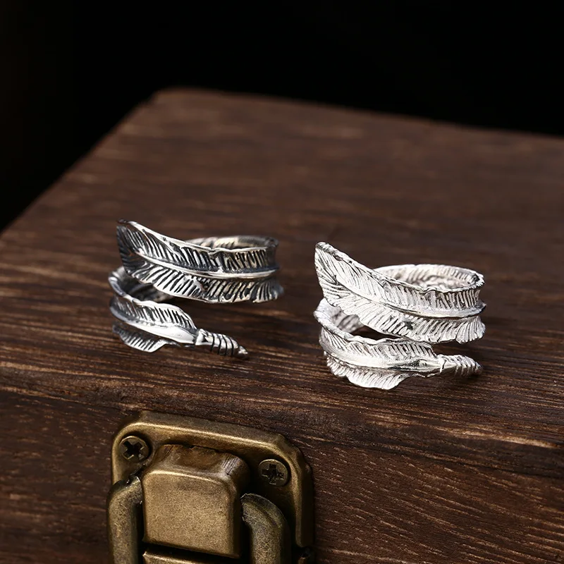 feather silver ring men's and women's 925 sterling silver ring Open index finger Thai silver retro personalized silver jewelry