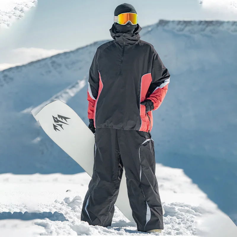 American Color Block Oversized Ski Suit Men Women Hooded Snow Leg Snow Pants Waterproof Windproof Breathable Snowboard Skiing