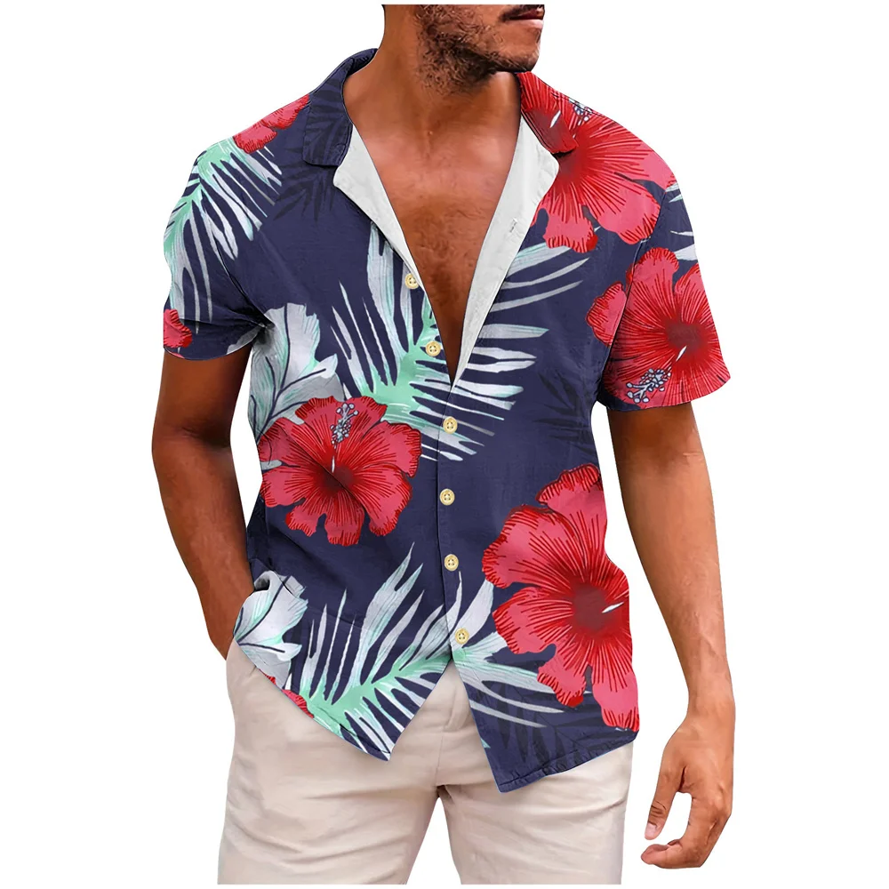 Hawaiian Fashionable Lapel Shirts For Men Summer Tropical Plant Printed Loose Short Sleeve Button-Down Beach Holiday Shirts 5XL