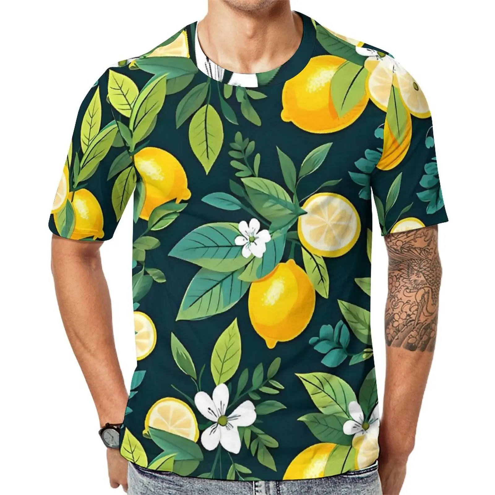 Plus Size T Shirt Premium Fruit Print Lemons T-Shirts Tropical Leaves Street Style O Neck Tshirt Men Vintage Printed Tees