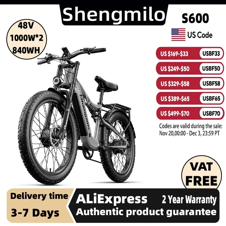 

Shengmilo S600 Adult 1000W*2 E-bike Men's E-Mountain ebike with Two Motor, 48V840WH Battery,26" Fat Tire Electric Bike