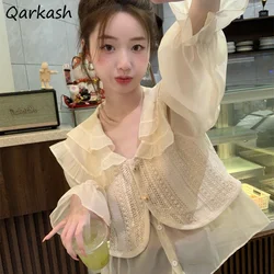 Shirts Women Peter Pan Collar Sweet Fake 2 Pcs Design Korean Fashion Style Basic Daily Students Lovely All-match Spring Casual