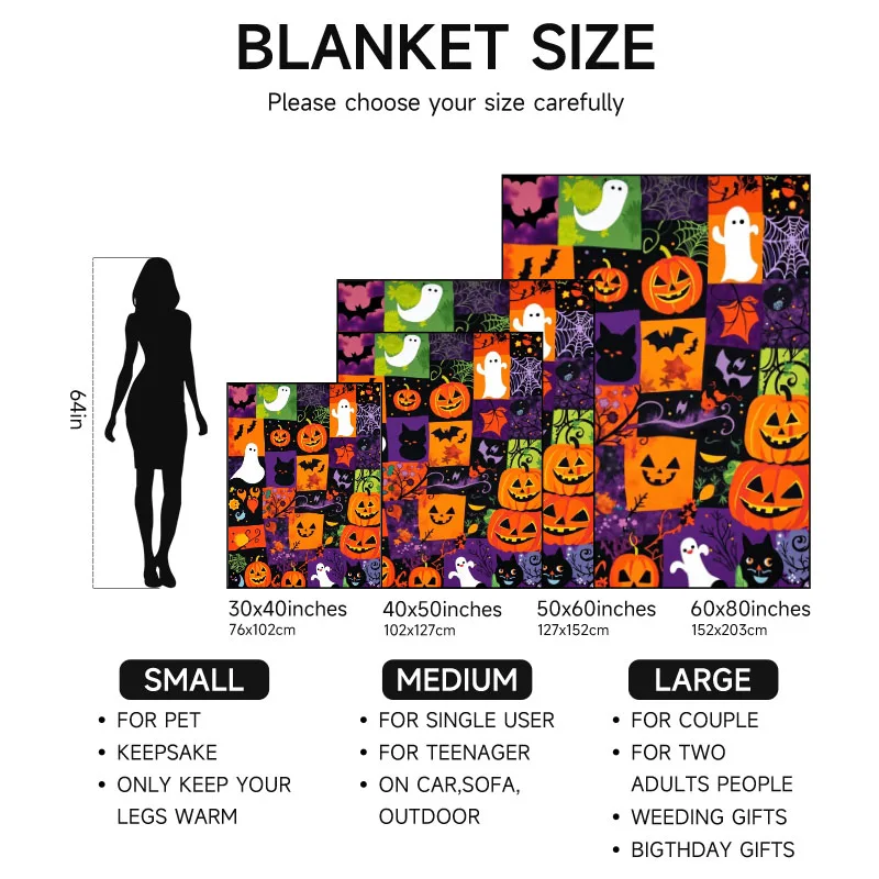 قطعة واحدة من بطانية الفانيلا بطابع الهالوين، نمط اليقطين والشبح الملون، مناسبة للأريكة والسرير والمكتب والهدية المثالية لـ fam