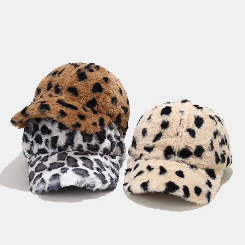 Plush Baseball Caps for Women Men Warm Leopard Printed Winter Hats Fashion Dot Adjustable Baseball Hat Outdoor Velvet Casual Cap