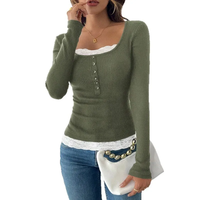 Women's Elegant Long Sleeve Blouse Slim Fit Ribbed Pullover Round Neck Solid Color Flutter Sleeve Lace Accent Top Women Shirt