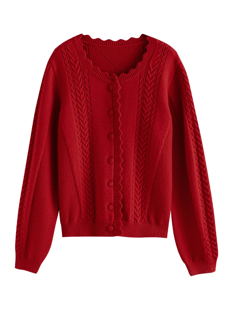 DUSHU Vintage Wavy Design Collar Sweater Cardigan Women Autumn Winter Niche Style Casual Cozy Retro Red Short Sweater Female