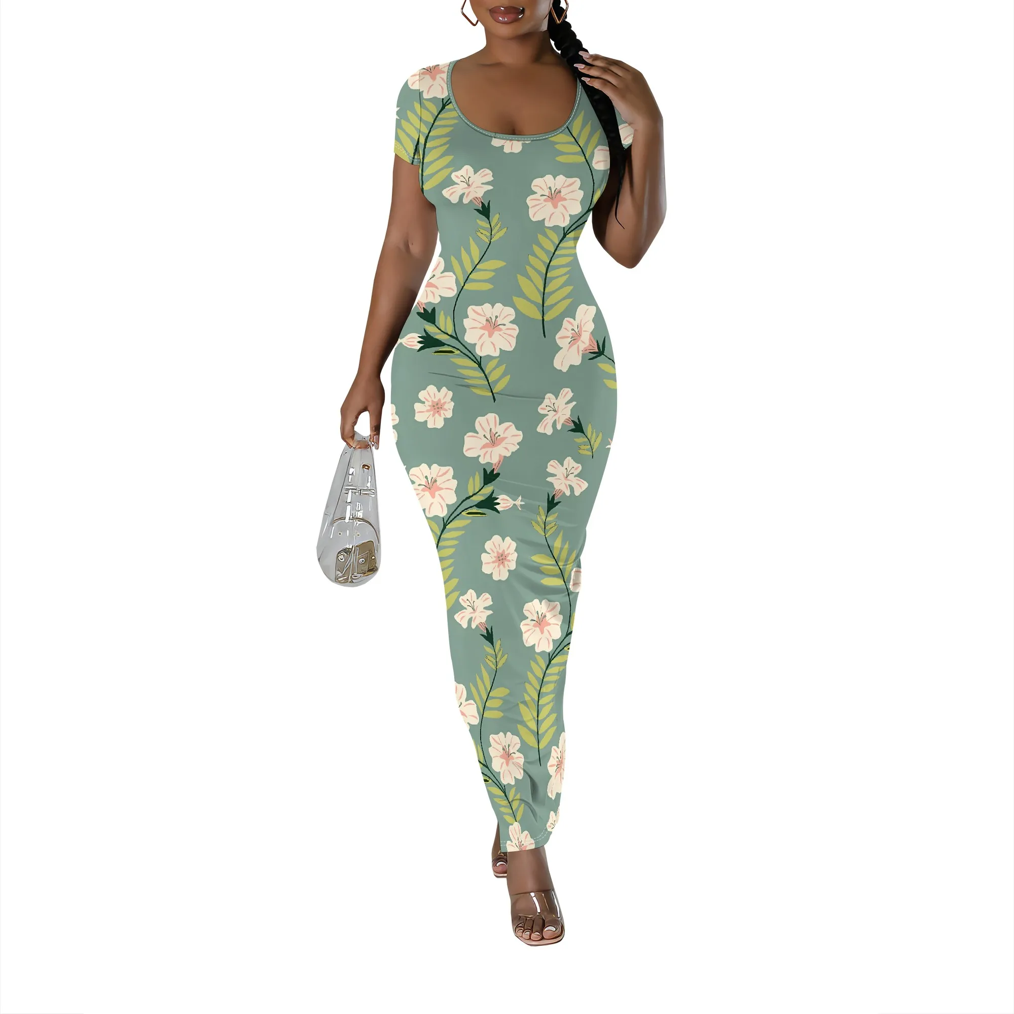 Nupusa Robe longue à imprimé floral pour femme Taille standard Robe moulante d'été décontractée à col carré et manches courtes