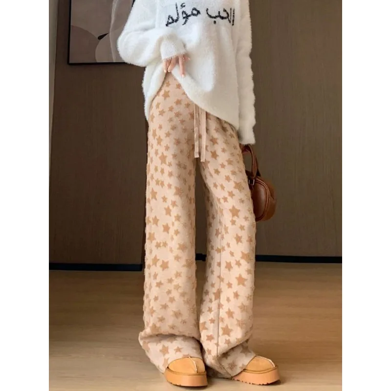 Women Lazy Style Mink Fleece Knit Trousers Autumn Winter Thick Lined High Waist Draped Loose Straight Floor Wide Leg Pants