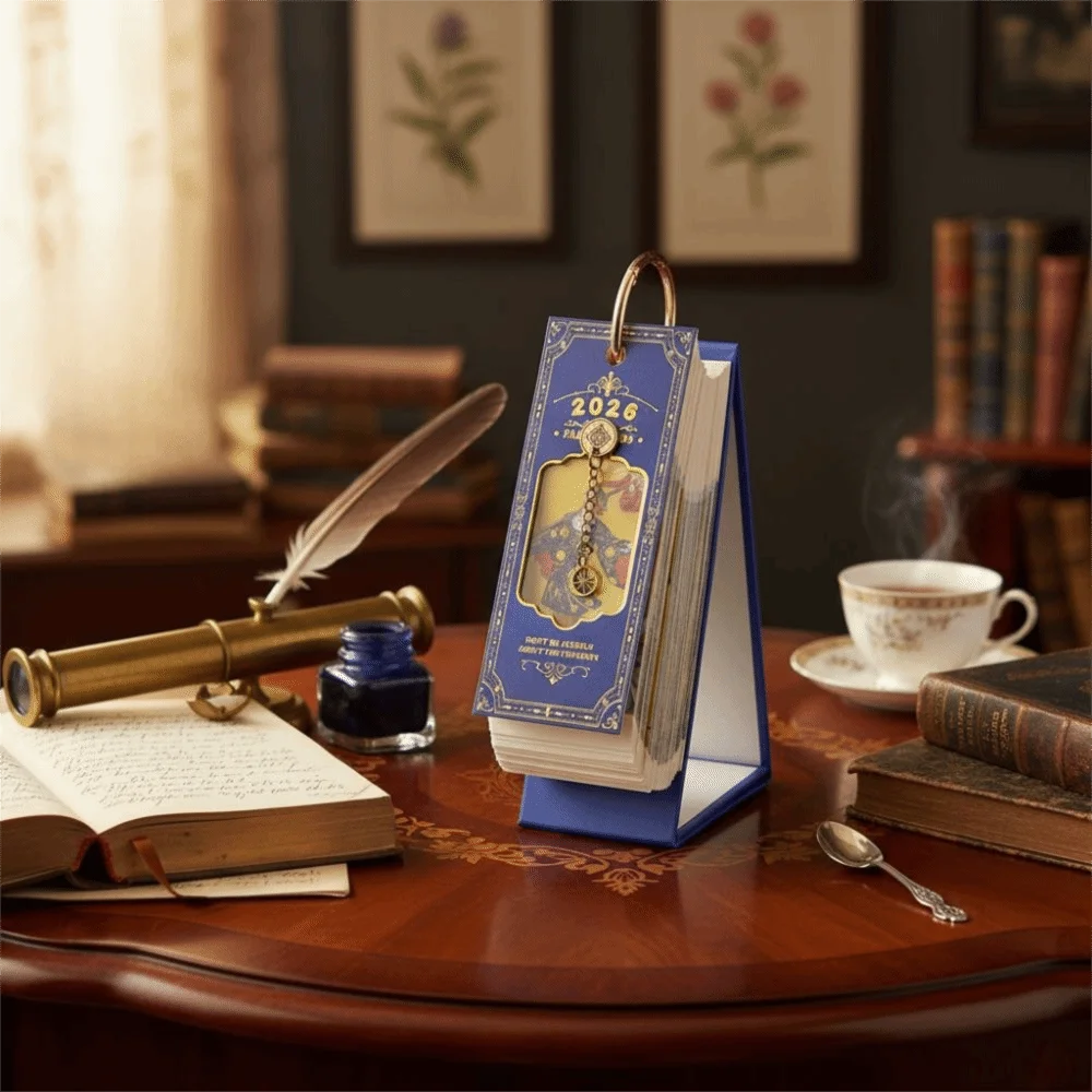 Vintage Oil Painting 2026 Card Calendar Inspirational Quotes Gold Ring Binding Daily Planner One-Way Page Turn Paper