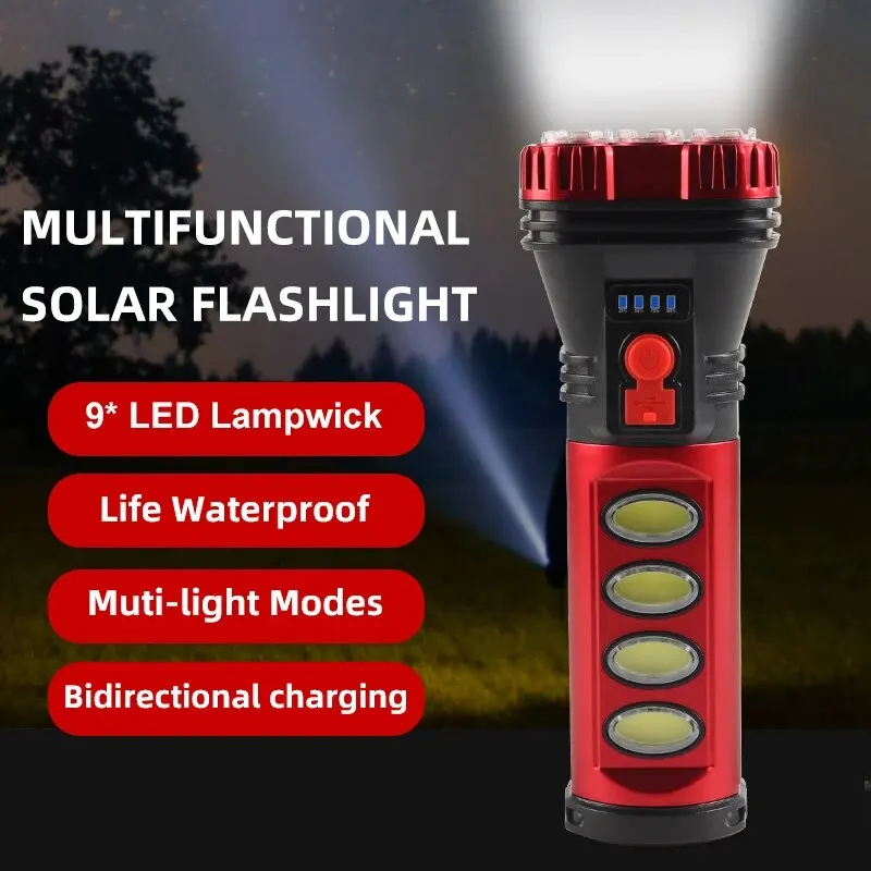 USB Solar Charging Flashlight with Built-in Battery Torch and Side Lanterna Waterproof Multifunctional Emergency Power Flashligh