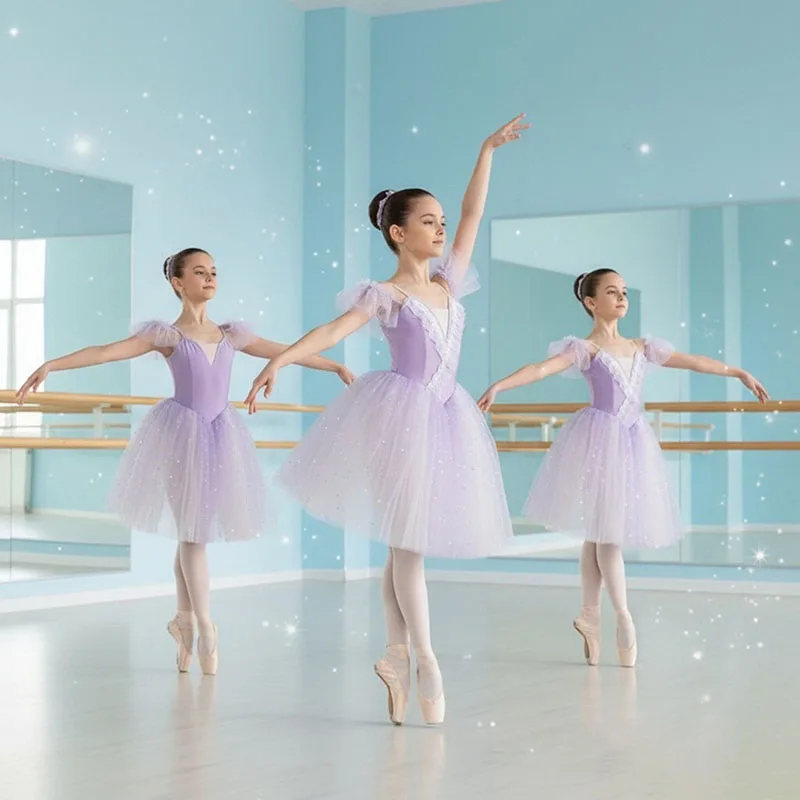 

Girls Stage Competition Ballet Dress Flower Embroidery Professional Tutu