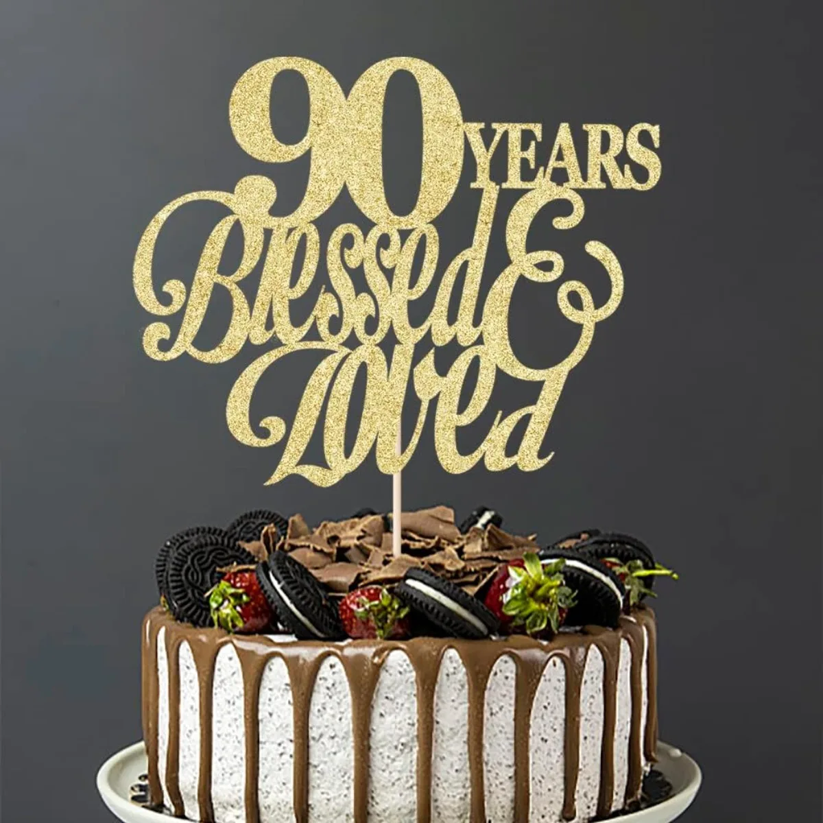 1 Stück 90 Years Blessed & Loved Tortenaufsatz - 90. Geburtstag, Hochzeitstag, Hochzeits-/Jubiläumsfeier-Dekoration – Detail 4