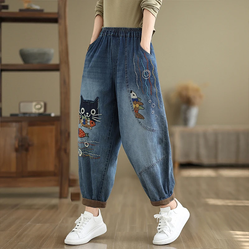 Aricaca Women's High Quality Fish Embroidered Retro Cotton Denim Jeans Women Casual Harem Pants