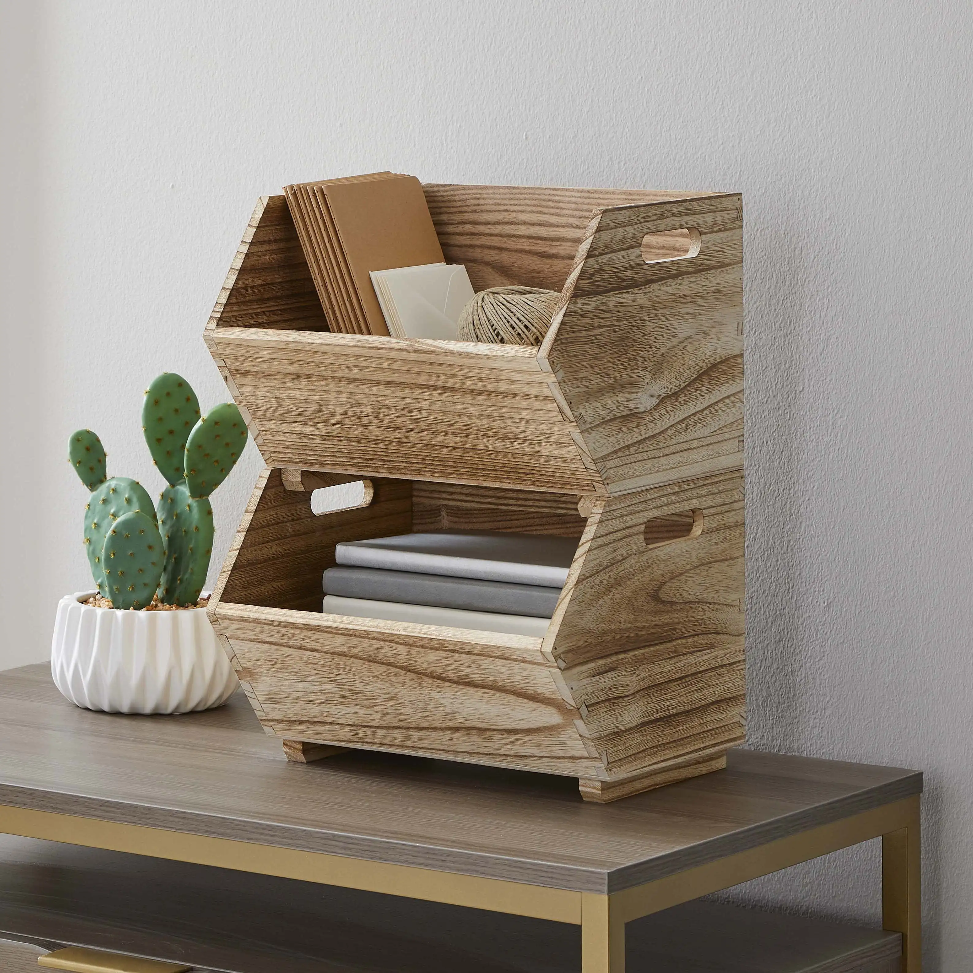 Adult Natural Wood Stacking Storage Bin Set 2-Piece