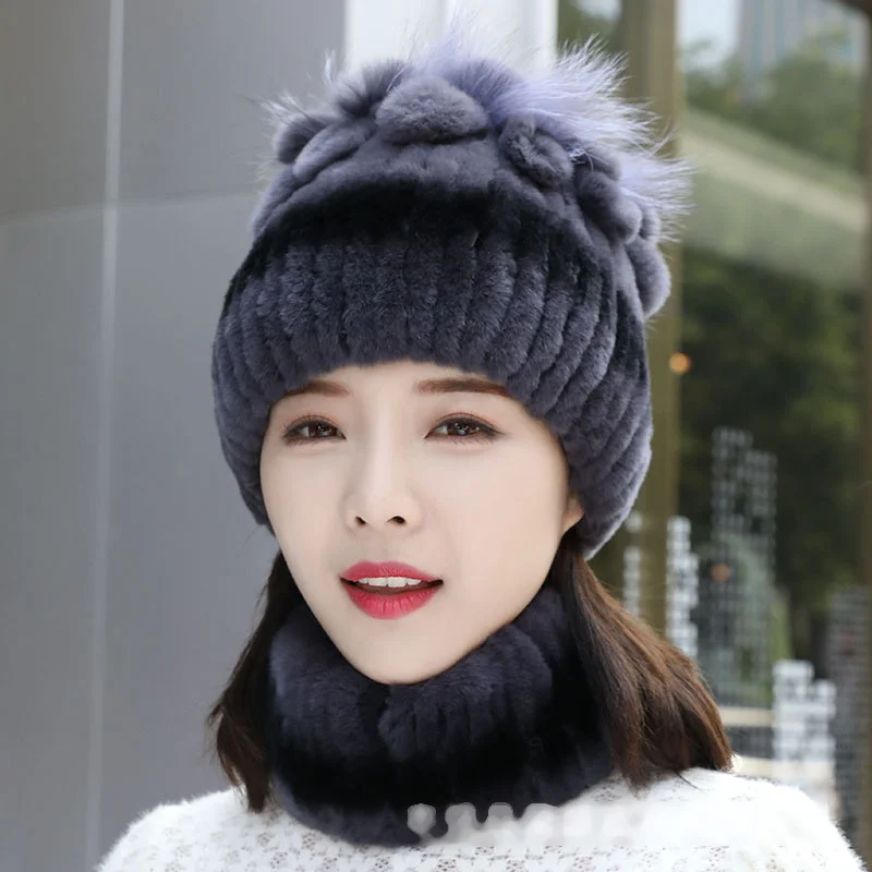 Women\'s Fur Hat Fur Cap Mask Set Hooded for Women Knitted  Neck Warm Balaclava Ski Windproof Hat Thick Plush Fluffy Beanies hood