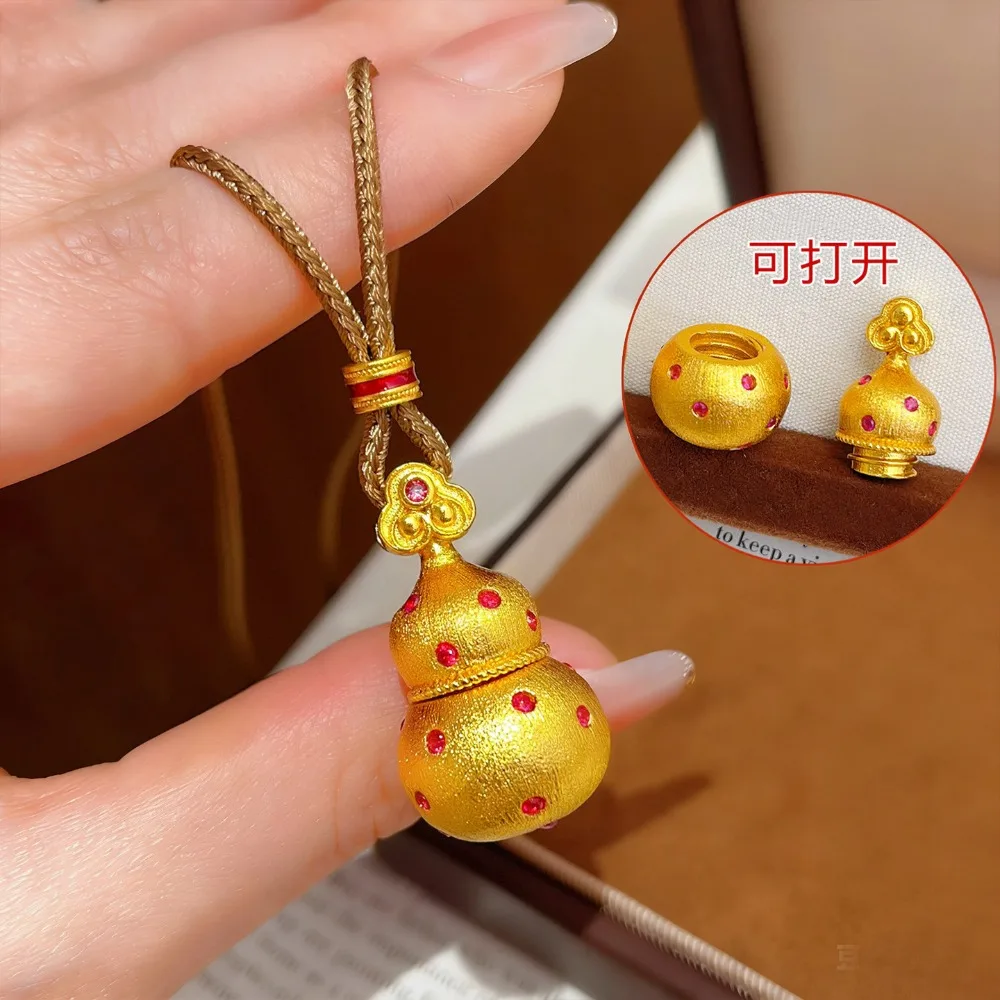Draw wire point drill wave point wishful calabash necklace female retro style Fu Lu 9999gold