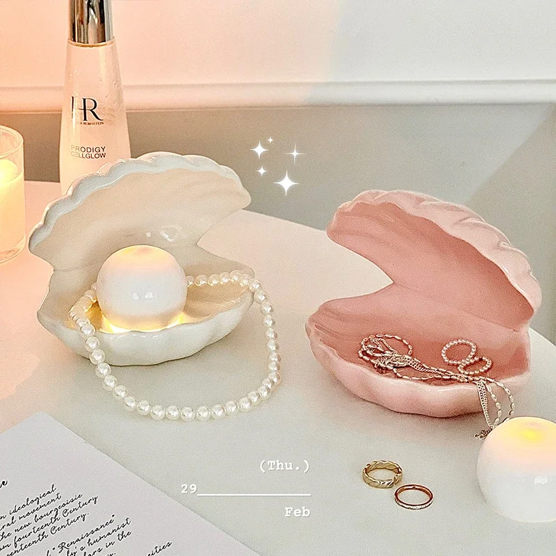 Shell Jewelry Box Lighten Pearl Shell Jewelry Display Tray Desktop Ornament Cute Girl Valentine's Day Birthday Gift Home Decor