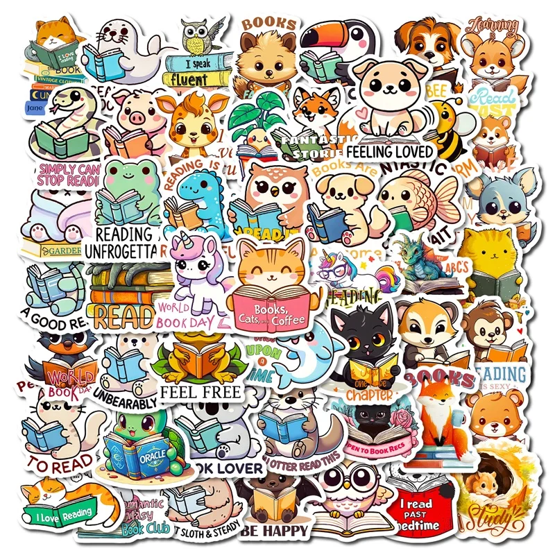 

10/30/56PCS Cute Animal Reading English PVC Sticky Sticker Aesthetic DIY Colored Decoration Scrapbooking Supplies for Kids