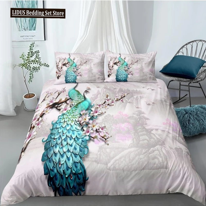 

Two Peacock Duvet Cover Set Flowers Comforter Cover With Pillowcase King Queen Twin Size For Kids Boys Girls Women Bedding Set