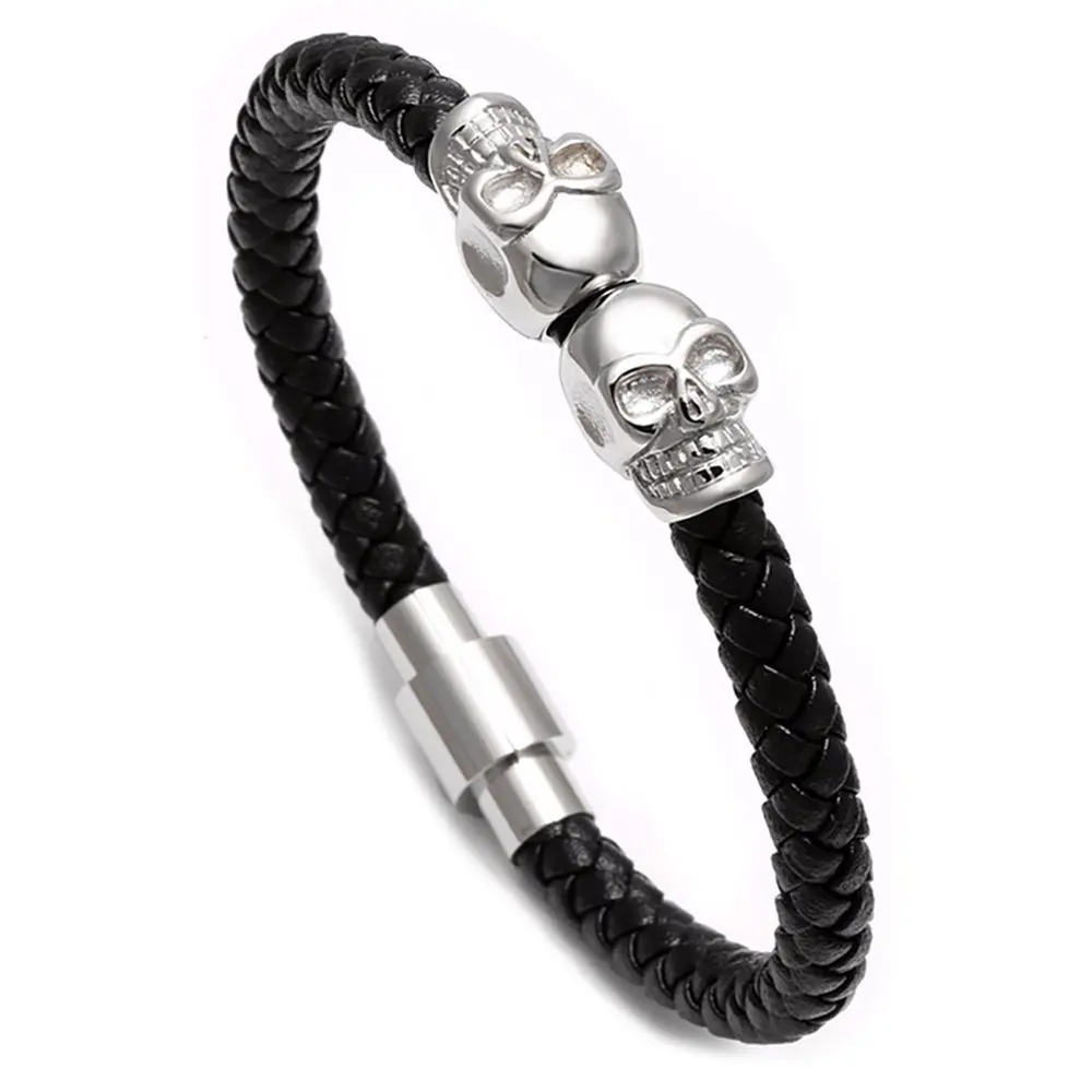 Leather Round Rope Bracelet Steel Magnetic Skull Electroplated Single Loop Leather Bracelet Skull Scalp Rope Bracelet