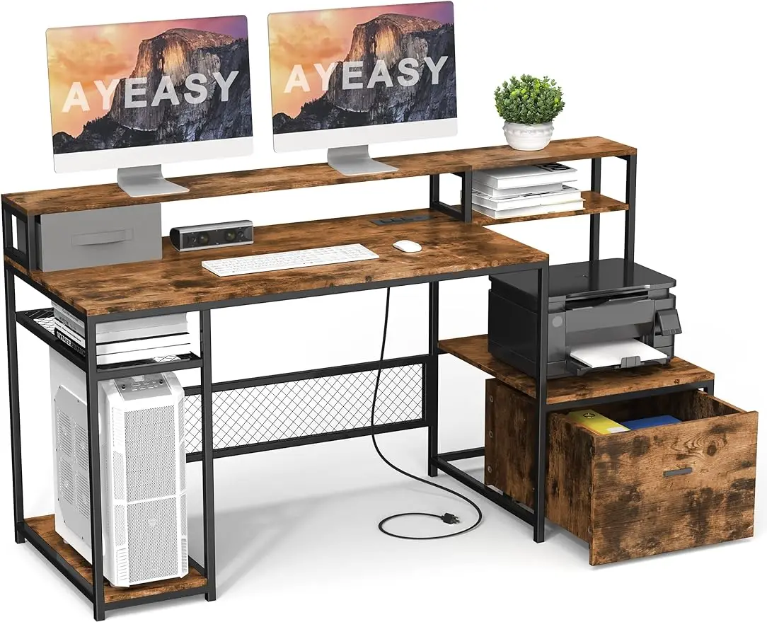 Home Office Desk With Monitor Stand Shelf, 66 Inch Large Computer Desk With Power Outlet And USB Charging Port, Table Wit