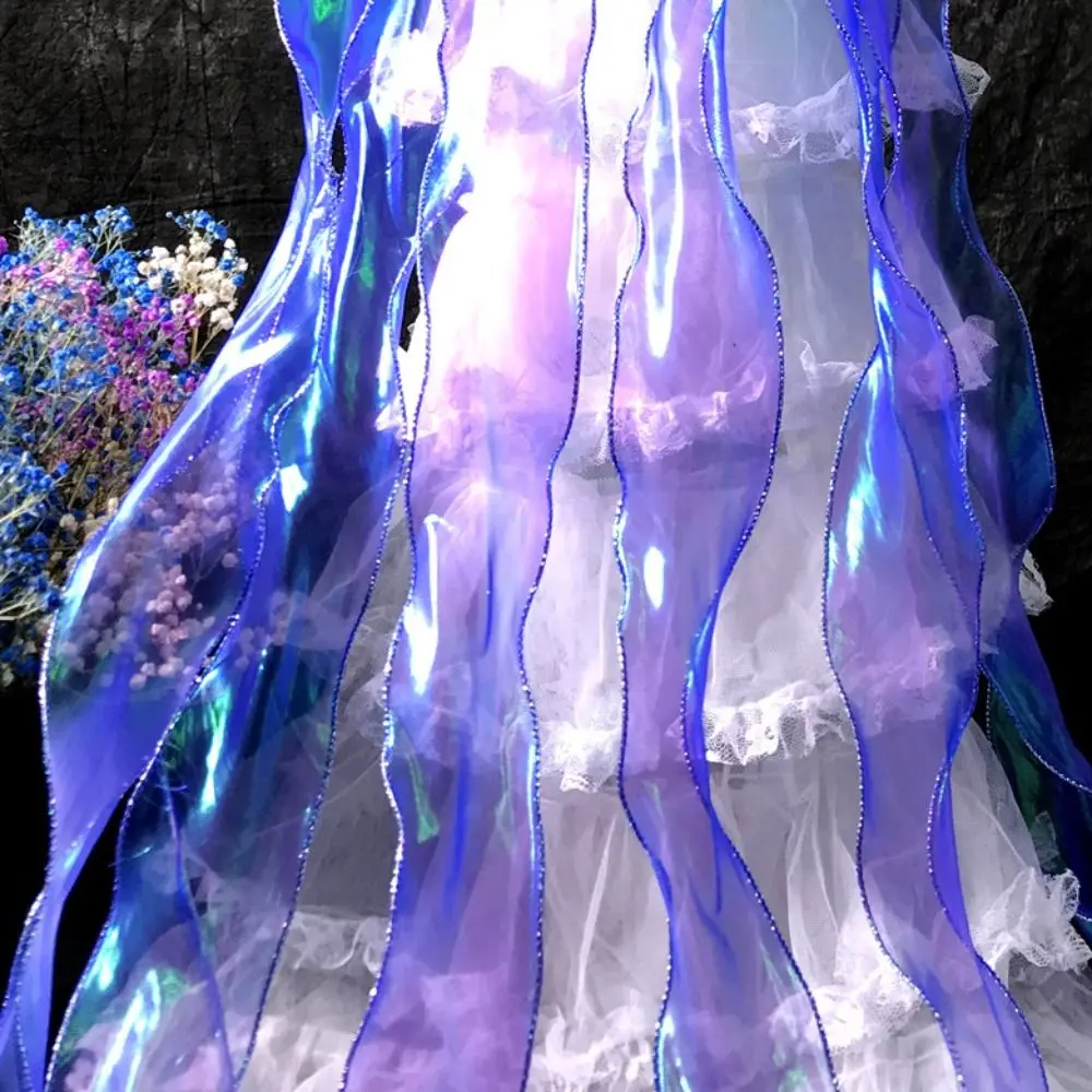 1M Mermaid Silver Silk Water Wave Ruffles เลเซอร์ Gradient Lace Handmade ภาพลวงตาคลื่นผ้า Designer อุปกรณ์เสริม