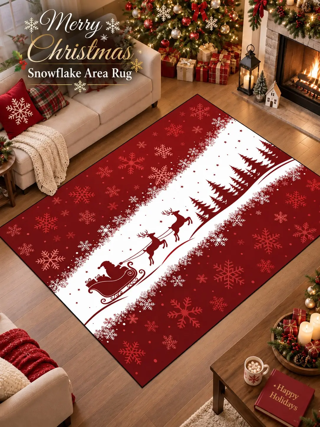 Christmas Rug Santa Sleigh Reindeer Snowflakes Floor Decor Carpet Living Room Bedroom Dining Area Entryway Apartment Cabin Winter Home Accent Beside Sofa Armchair Housewarming Birthday Gift for Family Friends Sisters Neighbors Holiday Celebrations