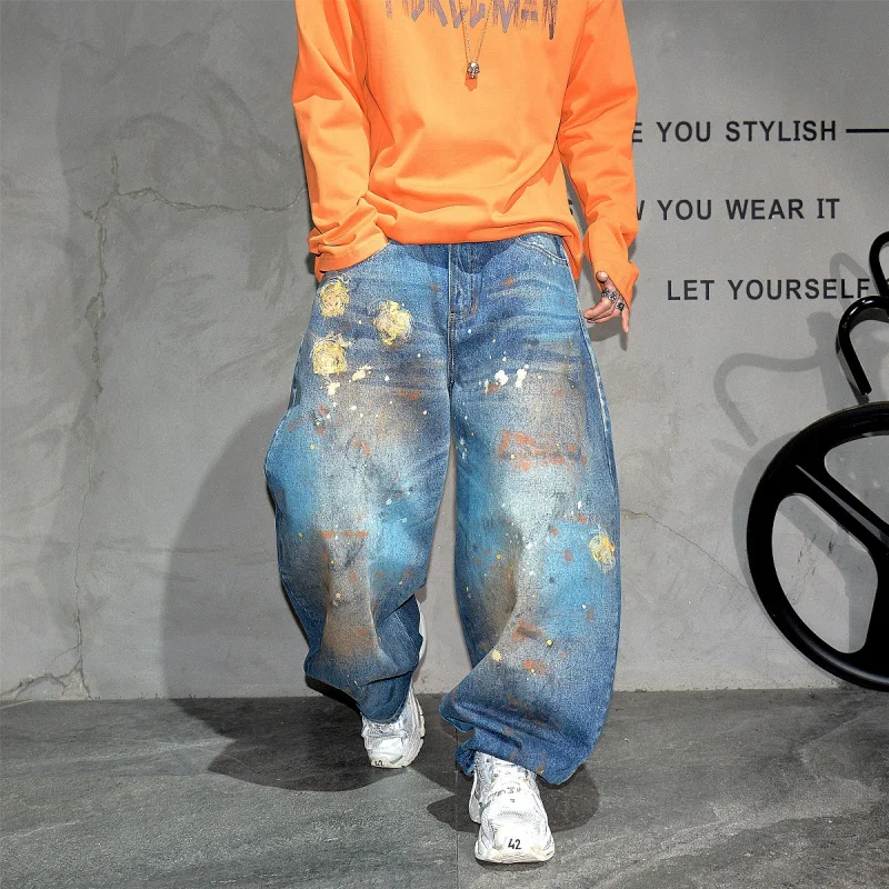 Men's American Vibe Splash Ink Graffiti Vintage Curved Wide Leg Jeans Streetwear Loose Casual Denim Pants