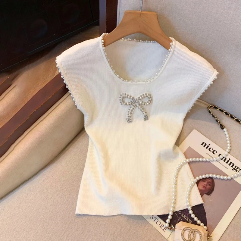 

Summer New Chic Bow Beading Y2K Knitted Tanks Women Clothing Elegant Slim O-neck Basics Sleeveless Tops